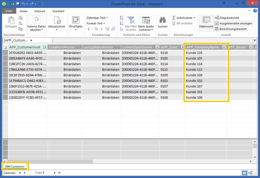 Anbindung Erste Dimensionstabelle