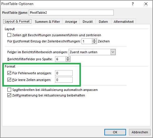 0-Werte Optionen PivotTable